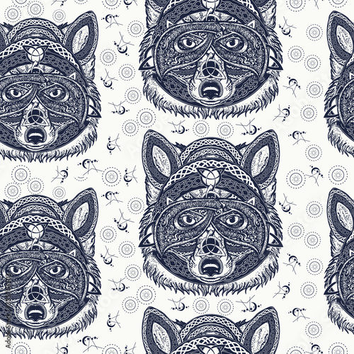 Fox viking in the celtic style. Seamless pattern. Packing old paper, scrapbooking style. Vintage background. Medieval manuscript, engraving art. North wolf