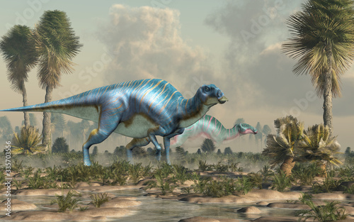 Fototapeta Naklejka Na Ścianę i Meble -  Maiasaura, a hadrosaur, grazing in a wetland. This duck billed dinosaur, now extinct, was an herbivore that lived during the cretaceous period. 3D Rendering. 
