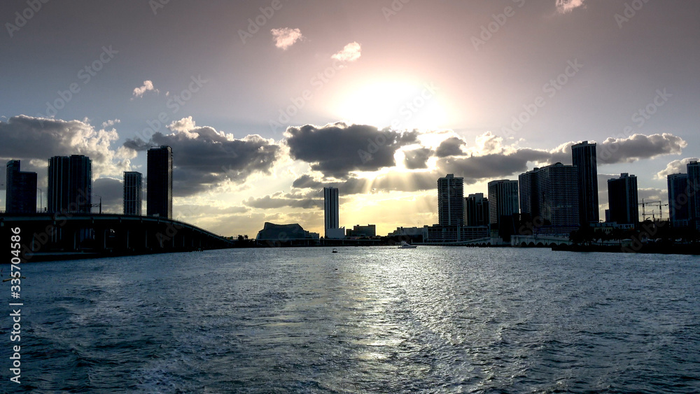 Silhouette of Miami Skyline in the evening