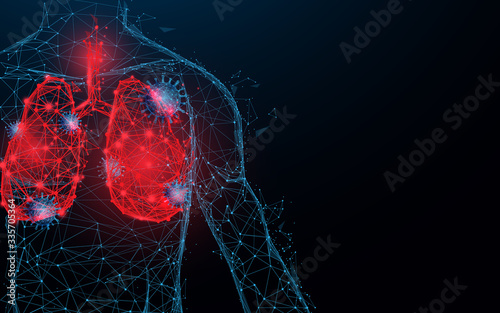 Human lungs. Respiratory virus and coronavirus outbreak and coronaviruses influenza. Lines, triangles, particle, Low poly and wireframe design