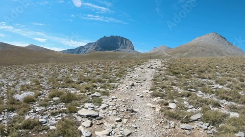 Pov walk to the highest peaks of Olympus. Skala, Mytikas and Stephani, the highest peaks of Olympus in Greece photo