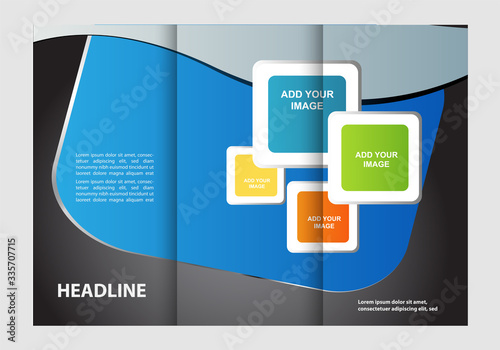 Template design of blue trifold brochure. Editable and light vector with places for photos. Proportionally A4
 photo