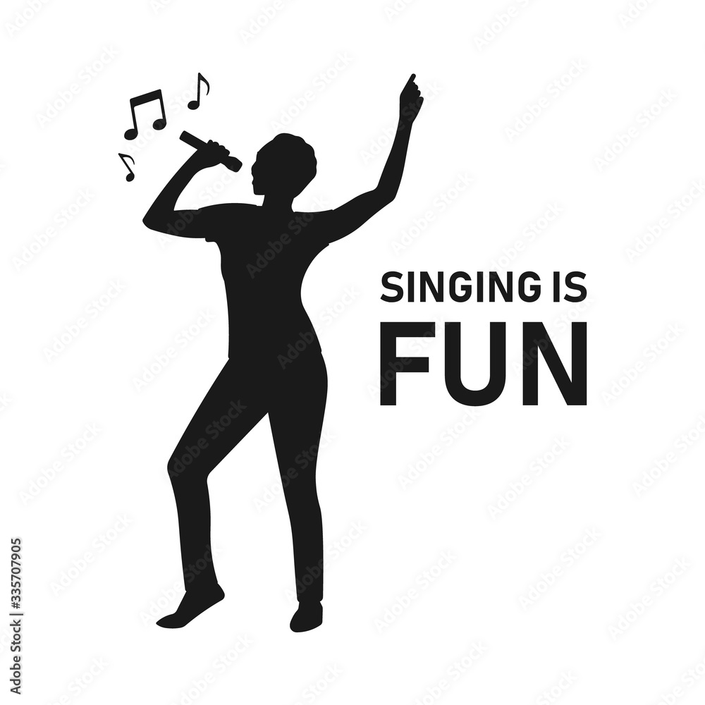 Black african woman singing with mic on hand silhouette. Karaoke  microphone. Nightlife party club. Happy dance. Pop music logo. Jazz singer  icon or sign or symbol. Music notes - Vector illustration. Stock