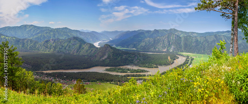 Tourism in Altai  Russia. View of the valley and the river from the mountain. Panoramic view.