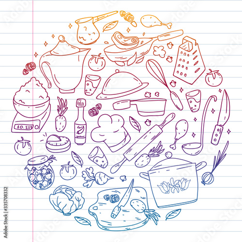 Pattern with gastronomy icons, vector cuisine and fast food cafe bright background for menu, receipts. Drawn with a pen, on a sheet with colorful gradient of line paper on a white background.