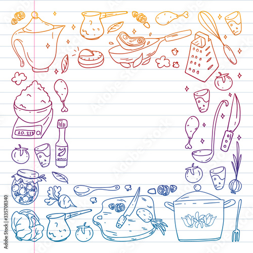 Pattern with gastronomy icons, vector cuisine and fast food cafe bright background for menu, receipts. Drawn with a pen, on a sheet with colorful gradient of line paper on a white background.