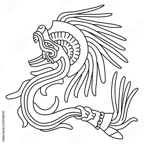 Isolated vector illustration. Feathered Serpent Quetzalcoatl. Fantastic mythological creature of Mexican Aztec Indians. Based on ancient Codex image. Black and white linear silhouette.
