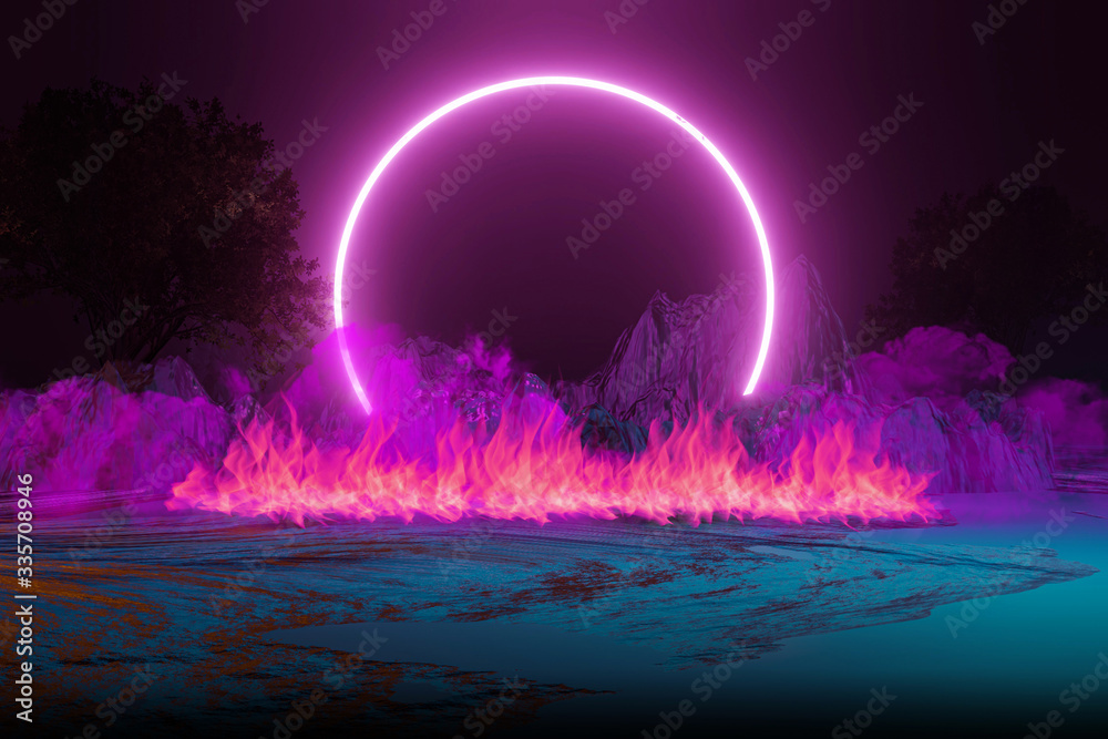 3d render, Futuristic night landscape with abstract landscape and island, moonlight, shine. Dark natural scene with reflection of light in the water, neon blue light. Dark neon circle background.