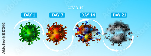 Corona virus life cycle in a days, weeks, and months. Covid-19 from life until death concept. Coronavirus is gone. - Vector