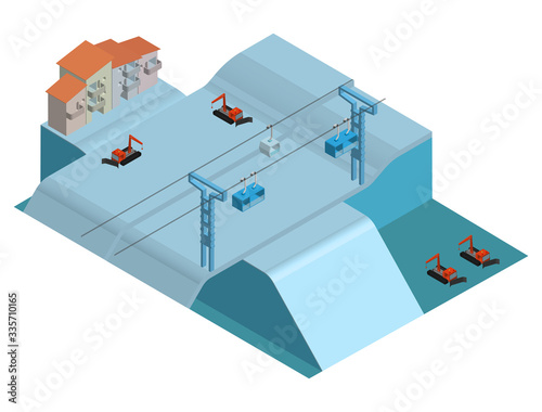 Alpine village with houses, mountain snowy slopes, ski lifts and snowmobiles. Isometric illustration