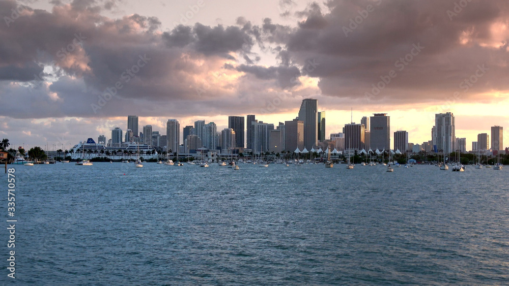 Beautiful evening view over the skyline of Miami in the evening