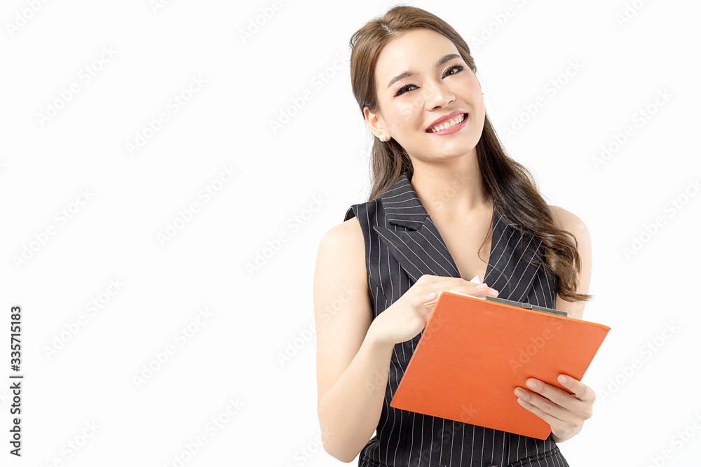 Portrait happy beautiful young asian business woman long hair standing and holding clipboard with looking to camera and smile over white background. Portrait happy beautiful young asian business woman long hair standing and holding clipboard with looking to camera and smile over white background.