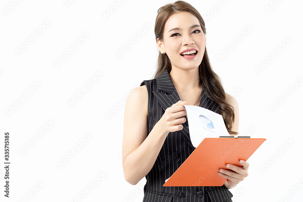 Portrait happy beautiful young asian business woman long hair standing and holding clipboard with looking to camera and smile over white background. Portrait happy beautiful young asian business woman long hair standing and holding clipboard with looking to camera and smile over white background.