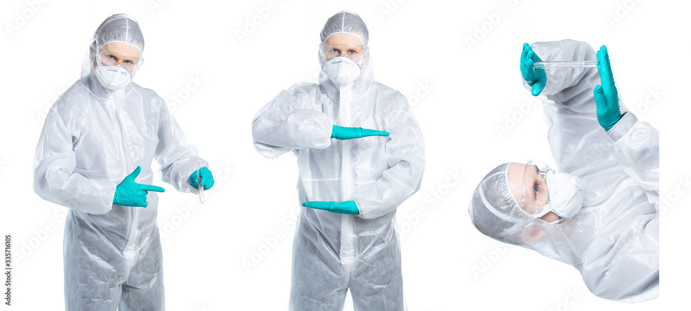 A man in a doctor’s suit points to a test tube with a virus and examines what's in it. Isolated on a white background. A man in a doctor’s suit points to a test tube with a virus and examines what's in it. Isolated on a white background.