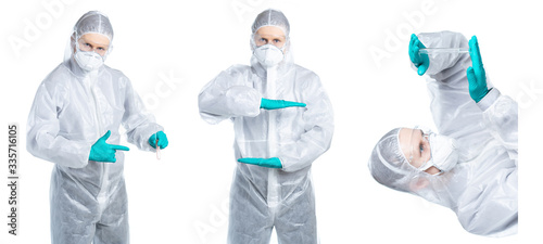 A man in a doctor   s suit points to a test tube with a virus and examines what s in it. Isolated on a white background.