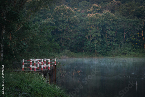The reservoir at six o'clock in the morning with fog and cool air.