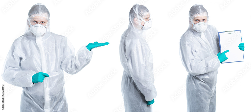 A scientist biochemist points to something. Place for text or copy-paste. Coronovirus, flu, ebola and other diseases in the midst of an epidemic. Separate on a white background. A scientist biochemist points to something. Place for text or copy-paste. Coronovirus, flu, ebola and other diseases in the midst of an epidemic. Separate on a white background.