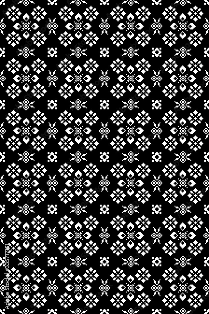Black and white scandinavian style floral ornament with pixel embroidery effect. Seamless pattern for web and print, textile, wrapping paper, scrapbooking, postcards.
