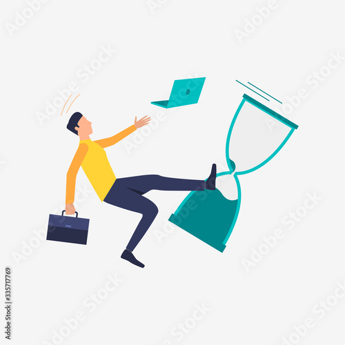 Time management failure vector illustration. Man with briefcase dropping laptop and sand glass and falling. Business concept. Illustration can be used for topics like project, schedule, delay