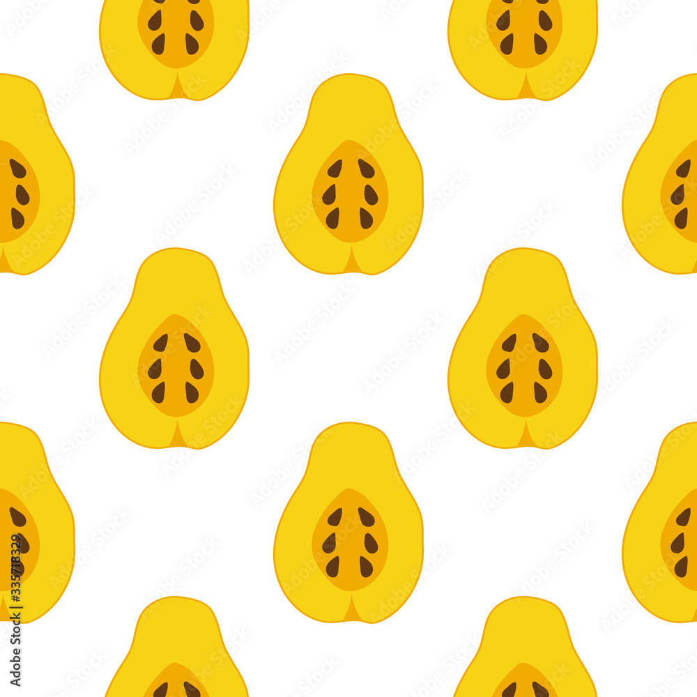 Seamless pattern with fruit of quince on white background. Wallpaper, print, wrapping paper, promotional material, banner, poster, modern textile design. Vector flat illustration. Seamless pattern with fruit of quince on white background. Wallpaper, print, wrapping paper, promotional material, banner, poster, modern textile design. Vector flat illustration.