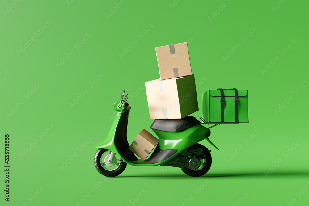 Delivery scooter with green food box and paper boxes on green background.  Delivery service concept. 3d rendering ilustración de Stock | Adobe Stock