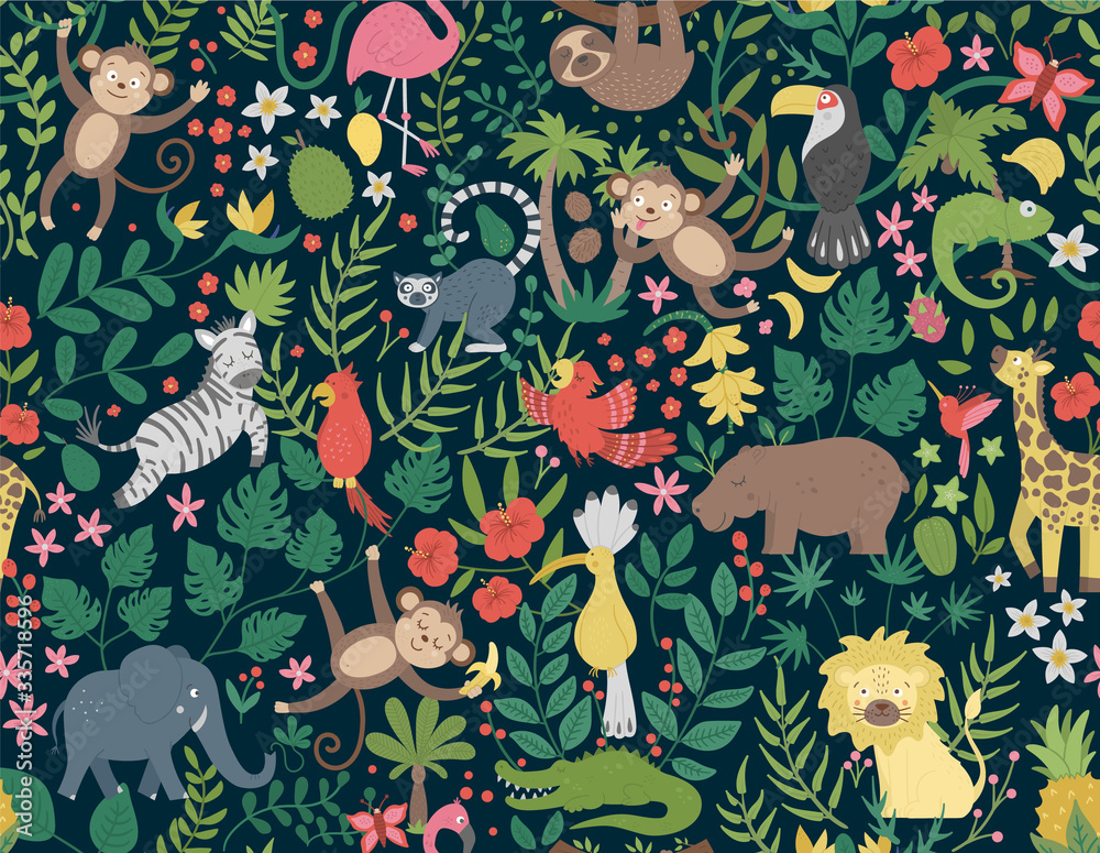 Vector seamless Pattern with cute exotic animals, leaves, flowers