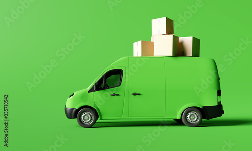 Delivery vans with paper boxes on green background. 3d rendering photo