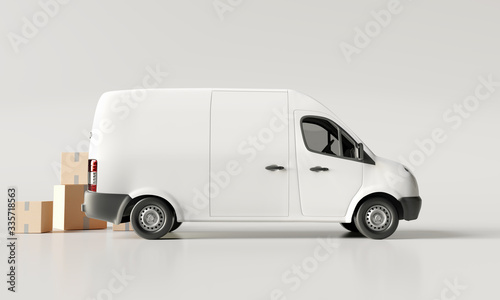 Fotografie, Obraz Delivery vans with paper boxes on bright white background