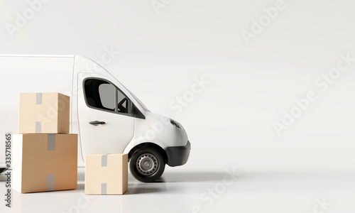 Fotografie, Obraz Delivery vans with paper boxes on bright white background