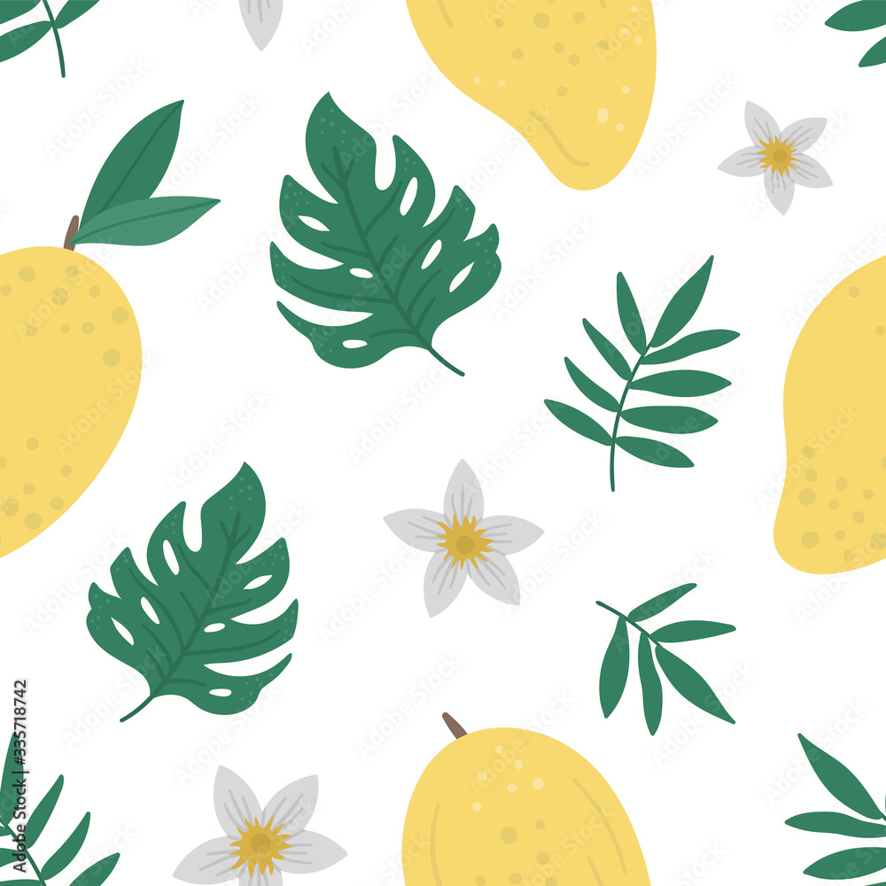 Vector mango seamless pattern. Jungle fruit repeat background. Hand drawn flat exotic texture. Bright childish healthy tropical summer food digital paper.. Vector mango seamless pattern. Jungle fruit repeat background. Hand drawn flat exotic texture. Bright childish healthy tropical summer food digital paper..