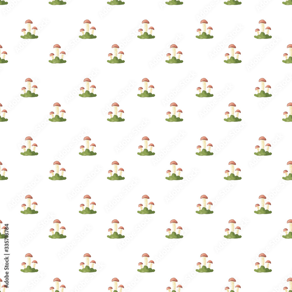 Seamless pattern of hand made watercolor drawing of mushrooms on a white background. Use for children's parties, menus, prints, invitations.
