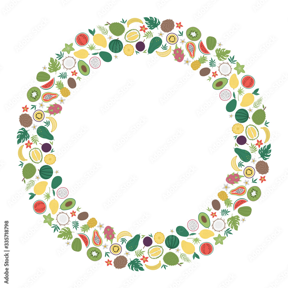 Vector round frame with tropical fruit and berries with slices and halves. Jungle foliage banner design framed in circle. Cute funny card template with exotic plants. .