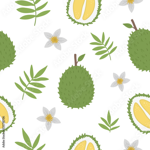 Vector durian seamless pattern. Jungle fruit repeat background. Hand drawn flat exotic texture. Bright childish healthy tropical summer digital paper..