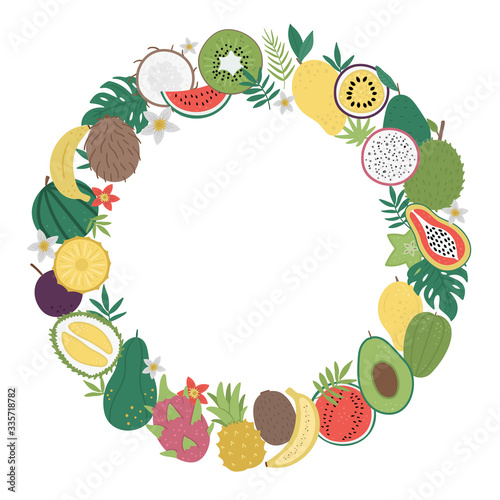 Vector round frame with tropical fruit and berries with slices and halves. Jungle foliage banner design framed in circle. Cute funny card template with exotic plants. .