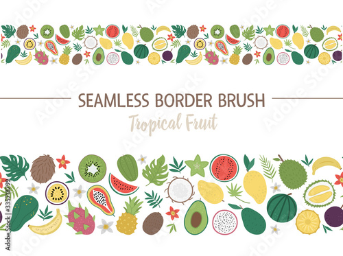 Vector seamless pattern brush with tropical fruit and berries with slices and halves. Jungle foliage border background. Hand drawn flat exotic plants texture. Bright childish horizontal digital paper.