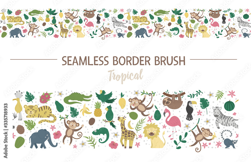 Vector seamless pattern brush with cute exotic animals, leaves, flowers, fruits. Funny tropical border background with birds and plants. Jungle summer horizontal digital paper.