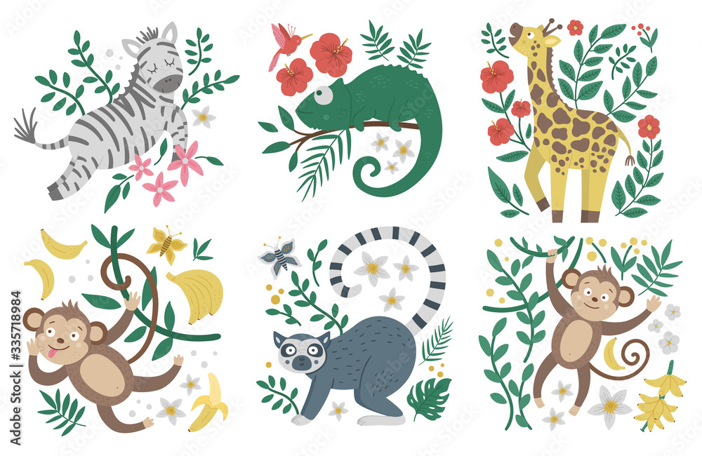 Obraz premium Vector cute compositions with exotic animals, leaves, flowers, fruits. Funny tropical monkey, zebra, lemur and plants illustration for cards, prints or poster design. Bright summer picture for kids. .