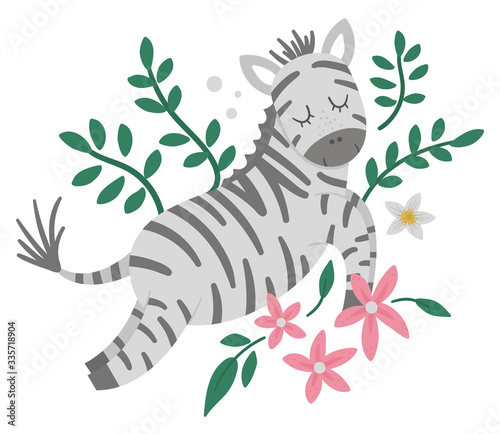 Vector cute composition with zebra, tropical leaves and flowers. Funny exotic African animal illustration. Bright flat picture for children. Jungle summer clip art.