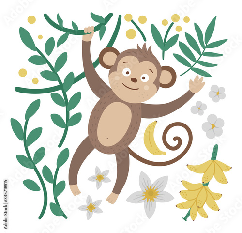 Vector cute composition with monkey hanging on liana  bananas and tropical leaves. Funny animal illustration. Bright flat picture for children. Jungle summer clip art.
