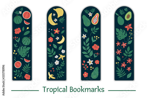 Vector set of bookmarks for children with tropical fruit, leaves, flowers. Cute watermelon, bananas, pawpaw, avocado on dark blue background. Vertical layout card templates. Stationery for kids..