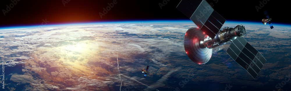 Space satellite with antenna and solar panels in space against the background of the earth. Telecommunications, high-speed Internet, space exploration. copy space. image furnished by NASA