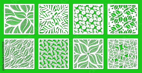 Set of square frames with a floral pattern of leaves, flowers, twigs. Design element, sample panel for plotter cutting. Template for paper cut, plywood, cardboard, metal engraving, wood carving, print