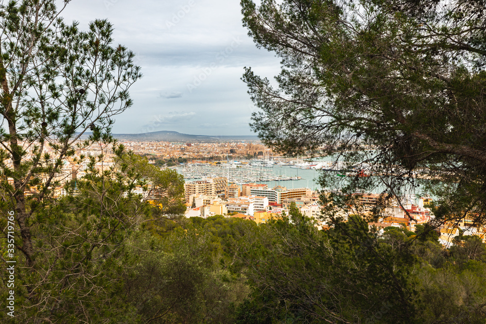 Panorama of Palma de Mallorca with the port and the cathedral on a cloudy day in spring. View from castell de bellver.