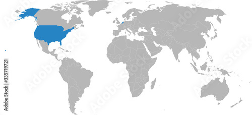 Netherlands  usa countries highlighted on world map. Light gray backgrounds. Business  diplomatic  trade  transport relations.