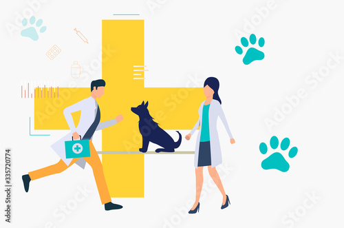 Man and woman veterinarians examining dog. Treatment, consultation, animal care concept. Vector illustration can be used for topics like health, vet clinic, veterinary