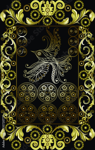 Graphic abstract design with occult tarot card. Minor Arcana - Six of Pentacles. Suitable for invitation, flyer, sticker, poster, banner, card, label, cover, web. Vector illustration.