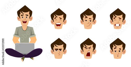 casual man cartoon character sitting on the floor and working or relaxing with laptop