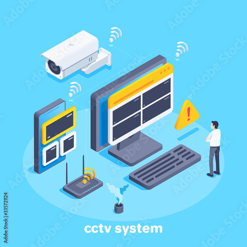 isometric vector image on a blue background, outdoor surveillance camera and viewing devices such as a computer monitor and smartphone, cctv system
