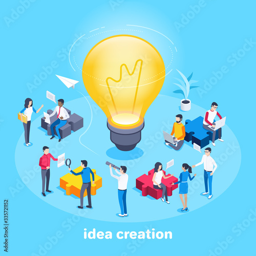 isometric vector image on a blue background, a team of people working on creating their business ideas, men and women at the big light bulb and multi-colored puzzle bushes