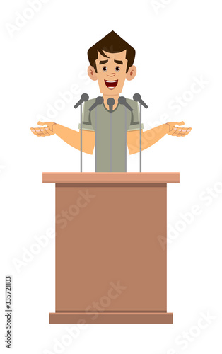 casual man cartoon character speaker stands behind the podium and speaks